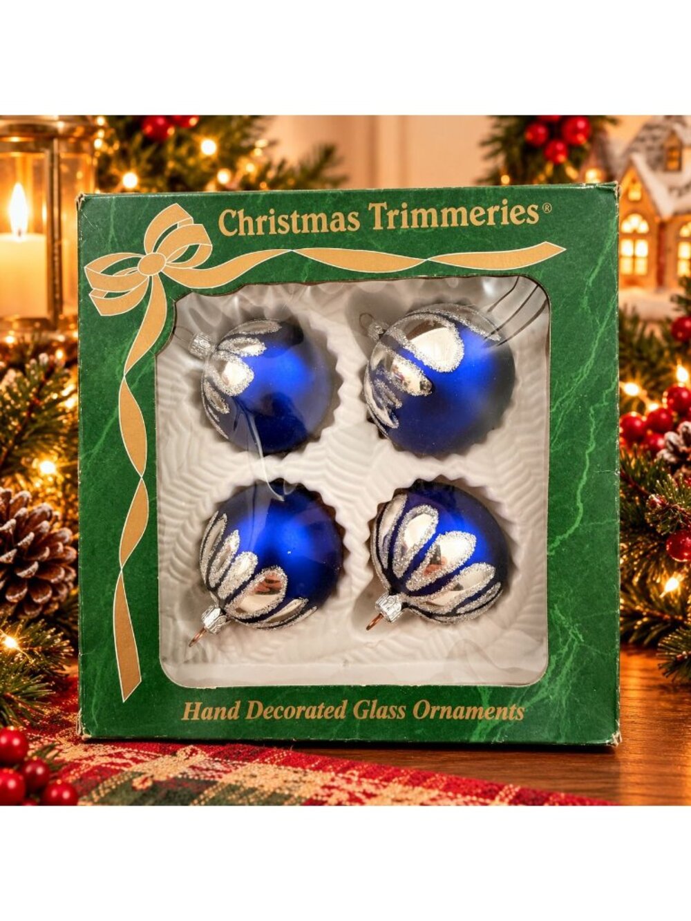 Vintage Slovakia Cobalt Blue Silver Glass Christmas Ornaments Set of 4 Boxed - Picture 7 of 10